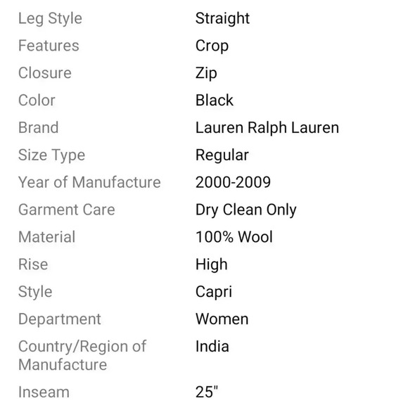 Lauren Ralph Lauren LRL Wool Black baggy cropped Trousers size 34x25 - Picture 7 of 8